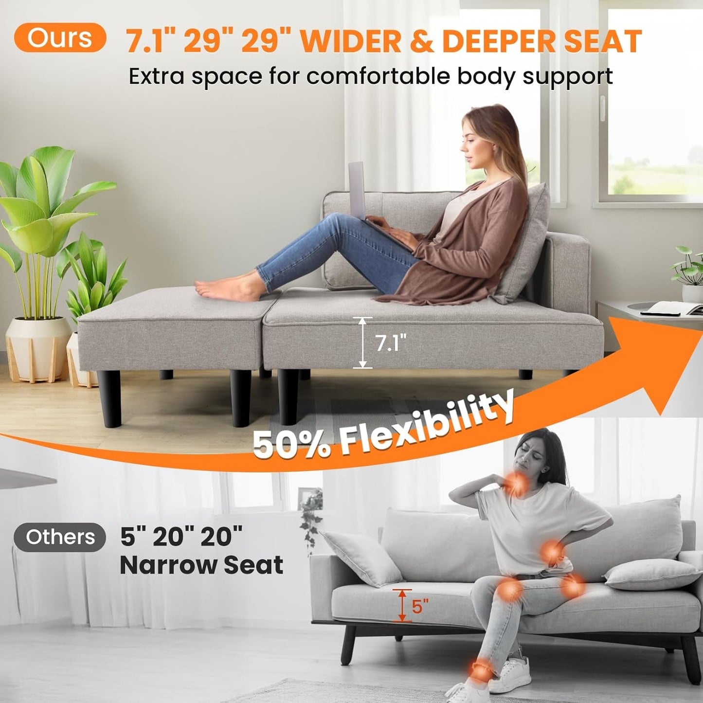 Recliner Sofa Bed Modular Sectional Convertible Sofa for Small Space, Flexible Combination Corner Couch with Ottoman, Modern Flax Fabric Loveseat for Apartment Sleeping Room Living Room,Right Armrest-3