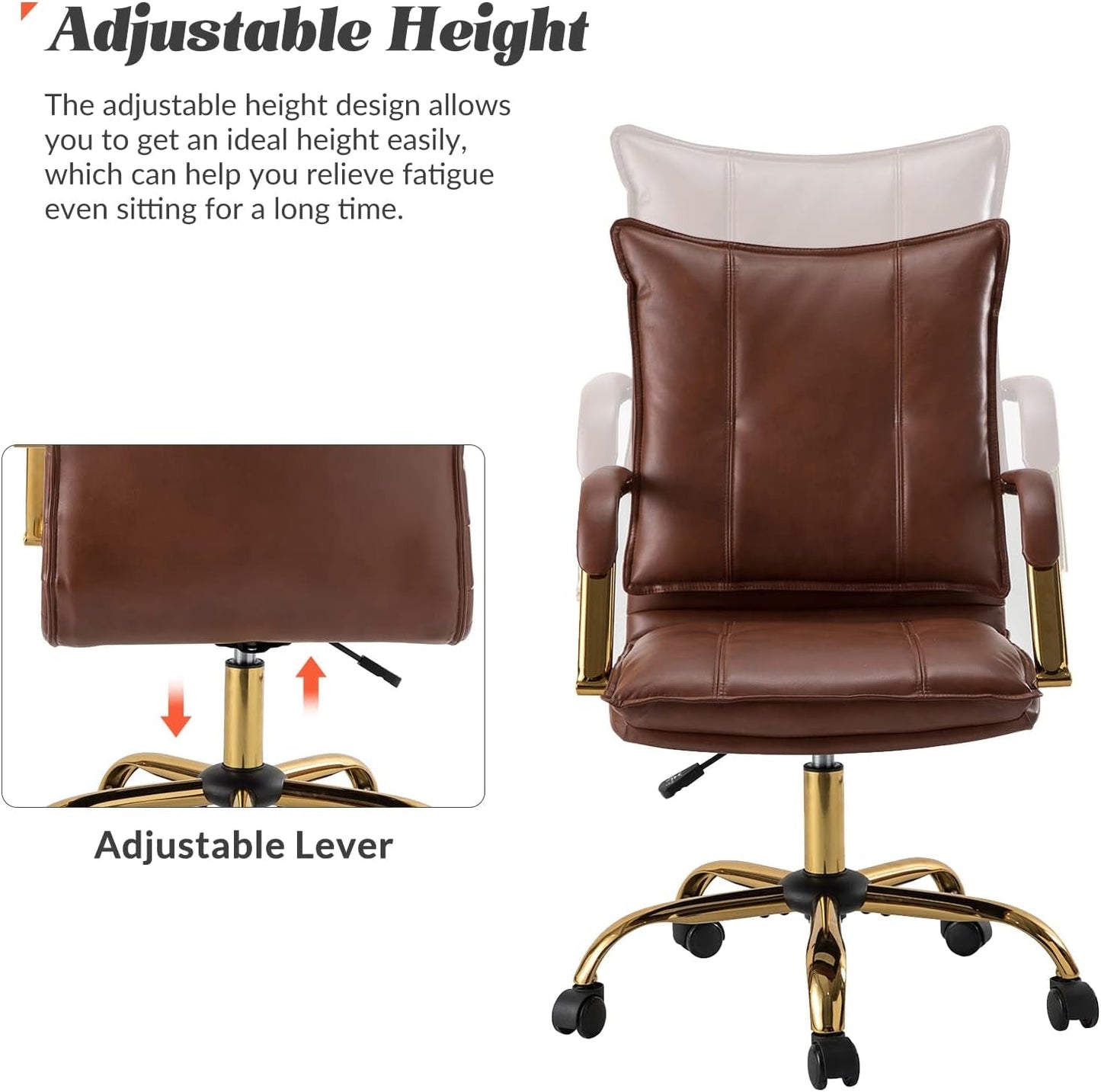 Faux Leather Home Office Desk Chair, Adjustable Swivel Computer Chair with Golden Legs and Arms, Comfy Upholstered Task Chair, Brown-4