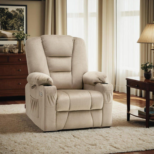 Power Lift Recliner Chair with Massage and Heat for Elderly People, Cup Holders, USB Ports, Side Pockets, Fabric 7529 (Medium, Beige)-1