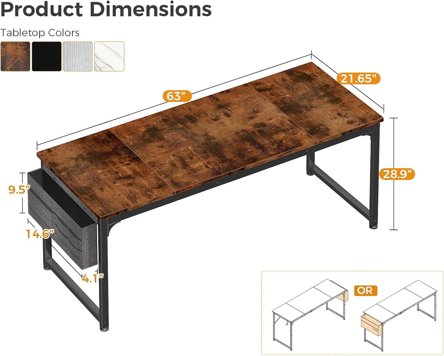 Computer Desk Large Office Desk, 63 Inch Gaming Desk with Storage, Modern PC Desk Work Table with Headphone Hook for Home Office, Splice Board, Rustic Brown-2