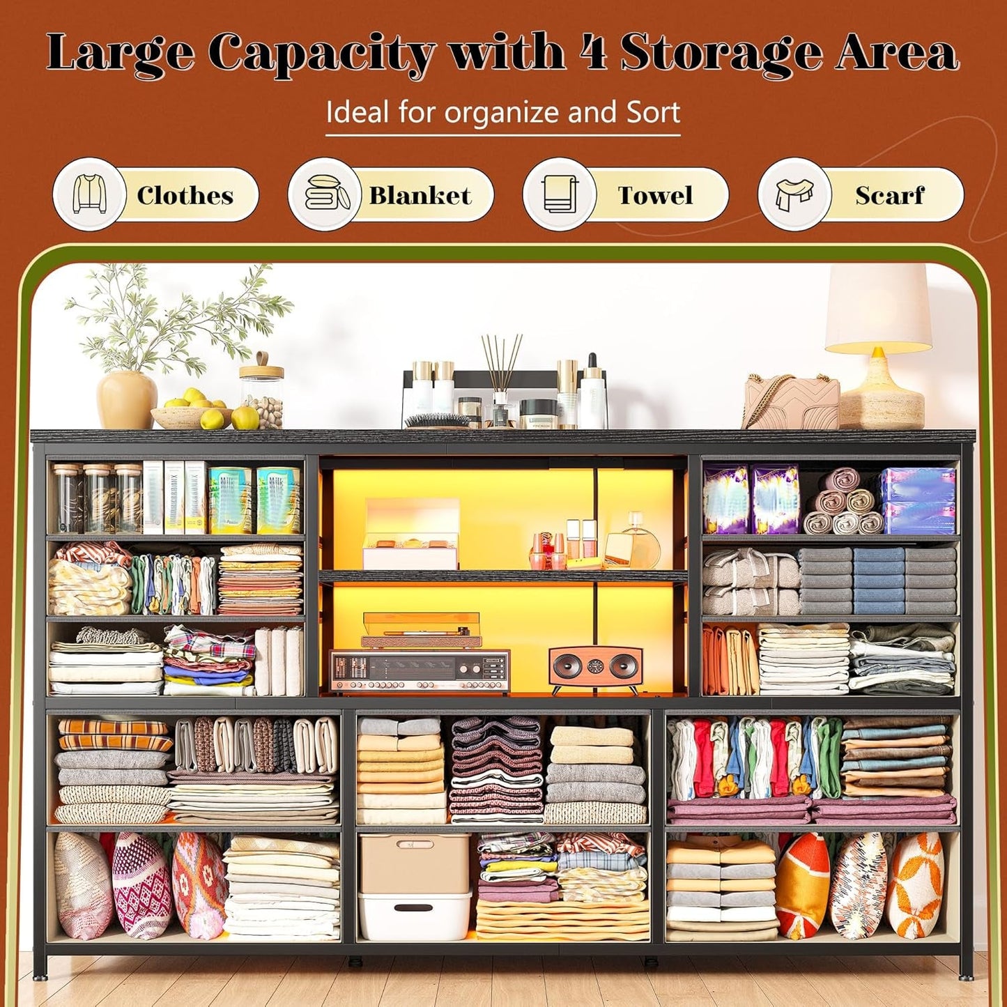 12 Drawer Long Dresser LED Lights Power Outlet-4