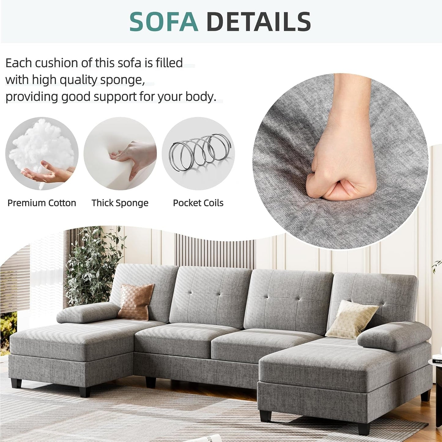 Sectional Sofa Couches for Living Room, U Shaped Sofa Living Room Furniture Sets, 4 Seat U Shaped Sofa Sectional Couch with Chaise, Grey-4