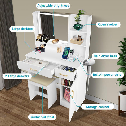 White Vanity Set Mirror, Lights, Drawers, Chair, Charge-1