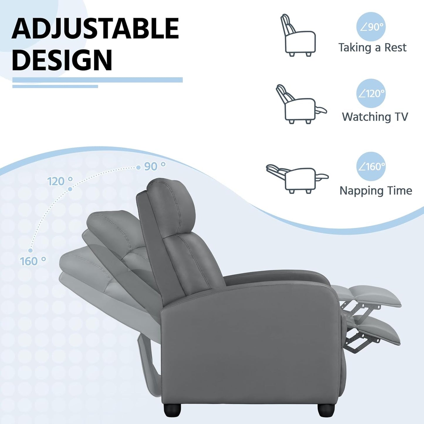 Recliner Chair PU Leather Recliner Sofa Home Theater Seating with Lumbar Support Overstuffed High-Density Sponge Push Silver Gray Recliners-3