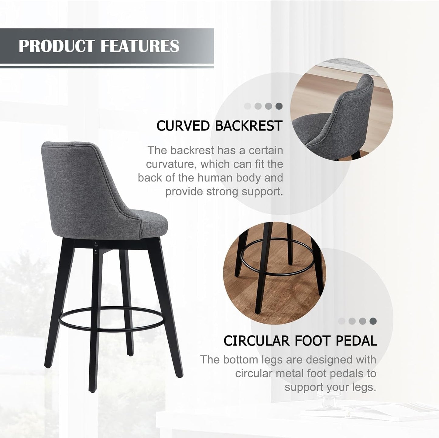 Bar Stools Set of 2, Swivel Barstools with Backs and Wood Legs, 27" Linen Fabric Upholstered Bar Chairs for Kitchen Island, Dining, Cafe, Pub(Grey)-4