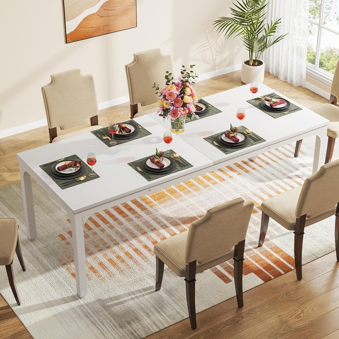 White Dining Table for 6-8 Person, 78-Inch Large Long Rectangle Kitchen Dinner Table for Dining Room, 78.7 X 27.5 X 29.5 Inches(Only Table)-2