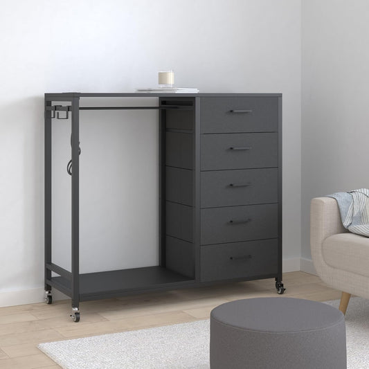 Dresser for Bedroom with Clothes Rack, 5 Drawers Dresser with Charging Station & LED Lights, Black Storage Chest of Drawers with Wheels, Wooden Top, Lockable Wheels, Bedroom, Closet, Black-1