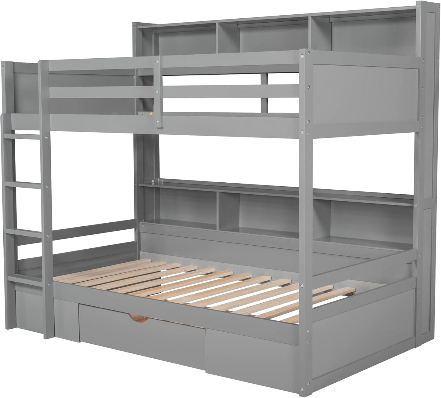 Twin over Twin Bunk Bed with Storage, Wooden Bunk Bed with Built-In Storage Shelves and Drawer, Kids Bunk Bed Twin Size for Boys & Girls, No Box Spring Needed (Gray)-4