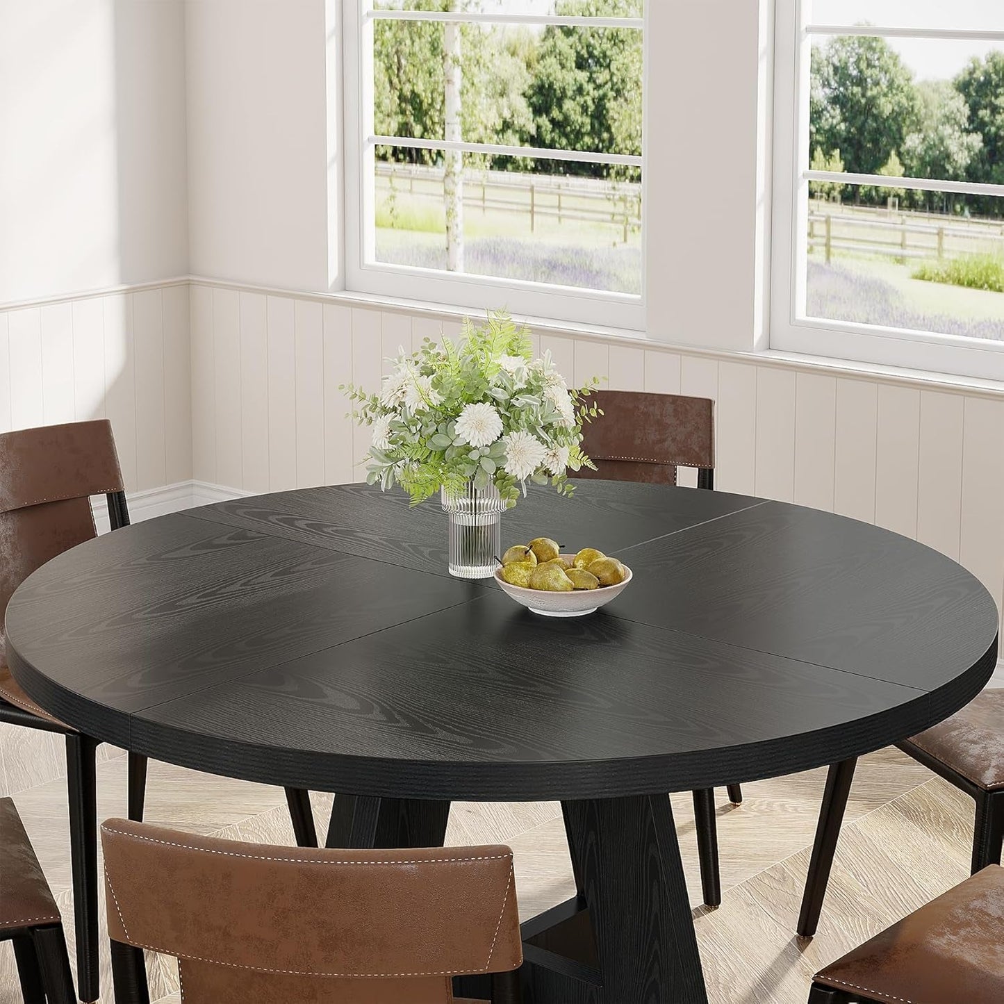 round Dining Table Wood Kitchen Table for Dining Room Living Room, 47 in Dinning Room Tables for 4 Man, Farmhouse Dinner Table with Wooden Tabletop and Cross Base, Black(Only Table)-2