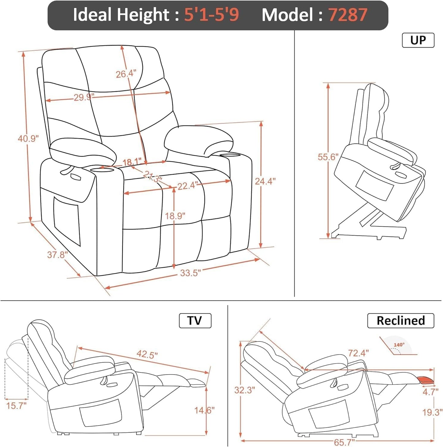 Power Lift Recliner Chair, 2 Cup Holders, USB Ports for Elderly People, Faux Leather 7287 (Black, Medium-Regular)-2