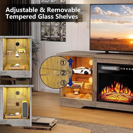 Fireplace TV Stand with 18''Fireplace, Modern Entertainment Center for Tvs up to 68 Inch, Media TV Console with Adjustable Glass Shelves and Storage Cabinets(Gray)-1