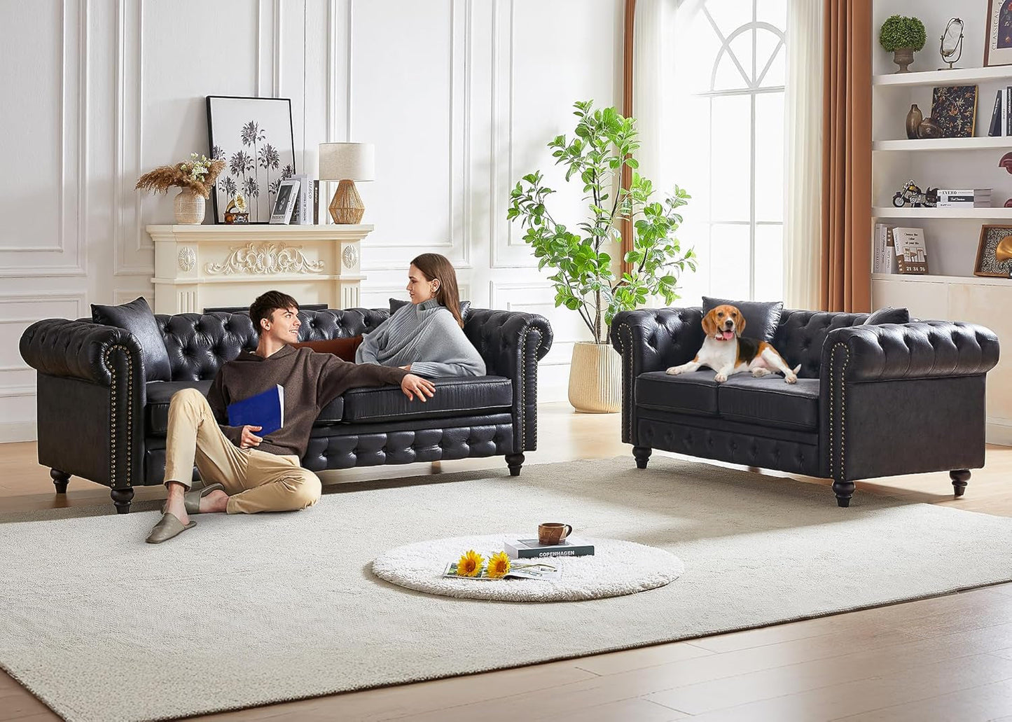 2 Piece Living Room Sofa Set,Button Tufted Couch and Loveseat Set with Nailhead Trim&Roll Armrest,Upholstered Mid Century Modern Couch,Chesterfield Sofa for Living Room,Office(Loveseat+3 Seater,Black)-4