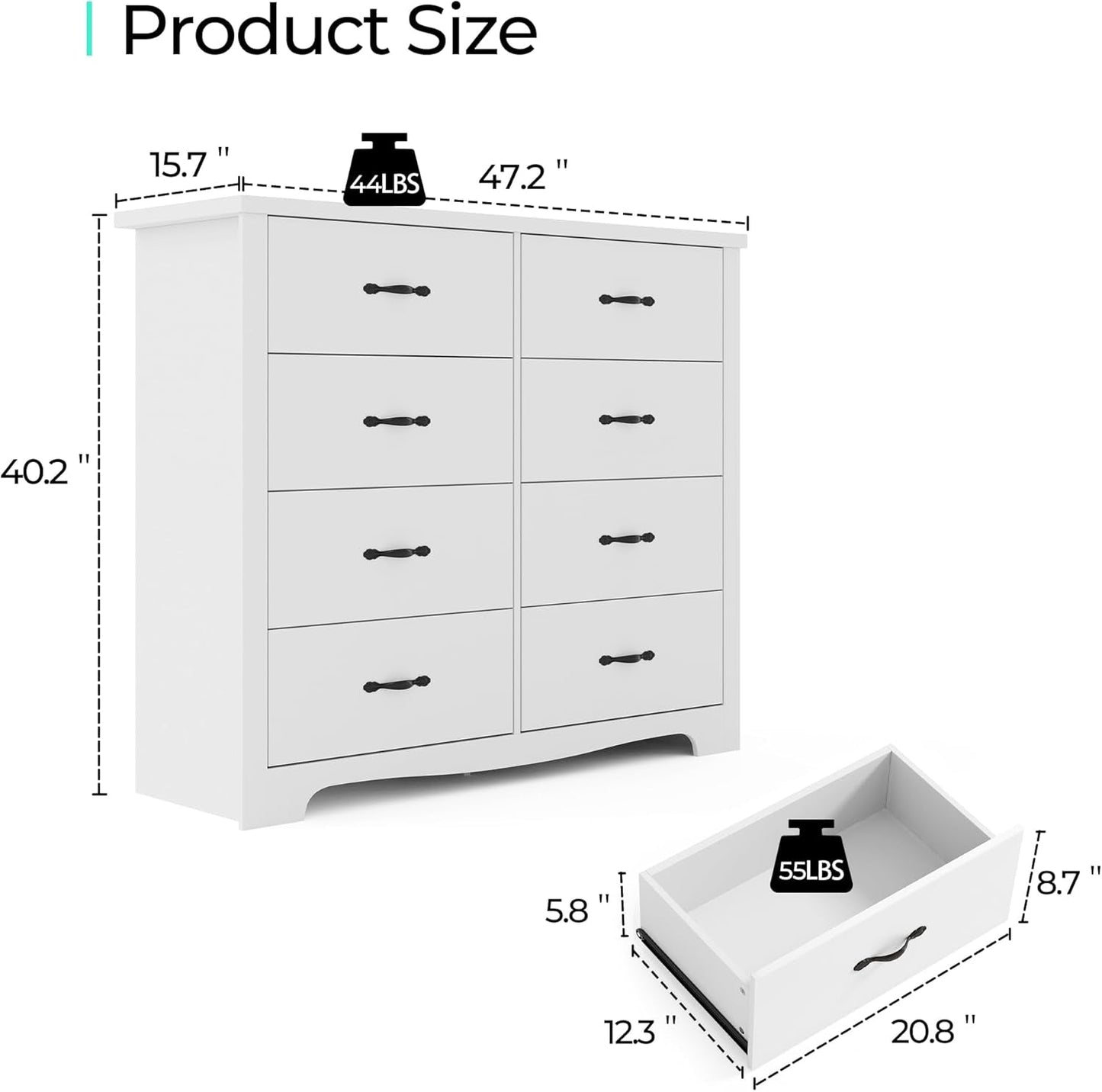 White 8-Drawer Dresser - Modern Bedroom Chest with Wide Drawers, Wood Storage Organizer for Bedroom or Living Room-4