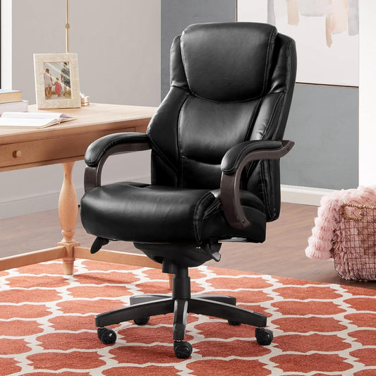 Delano Big & Tall Executive Office Chair, High Back Ergonomic Lumbar Support, Bonded Leather, Black with Weathered Gray Wood-1