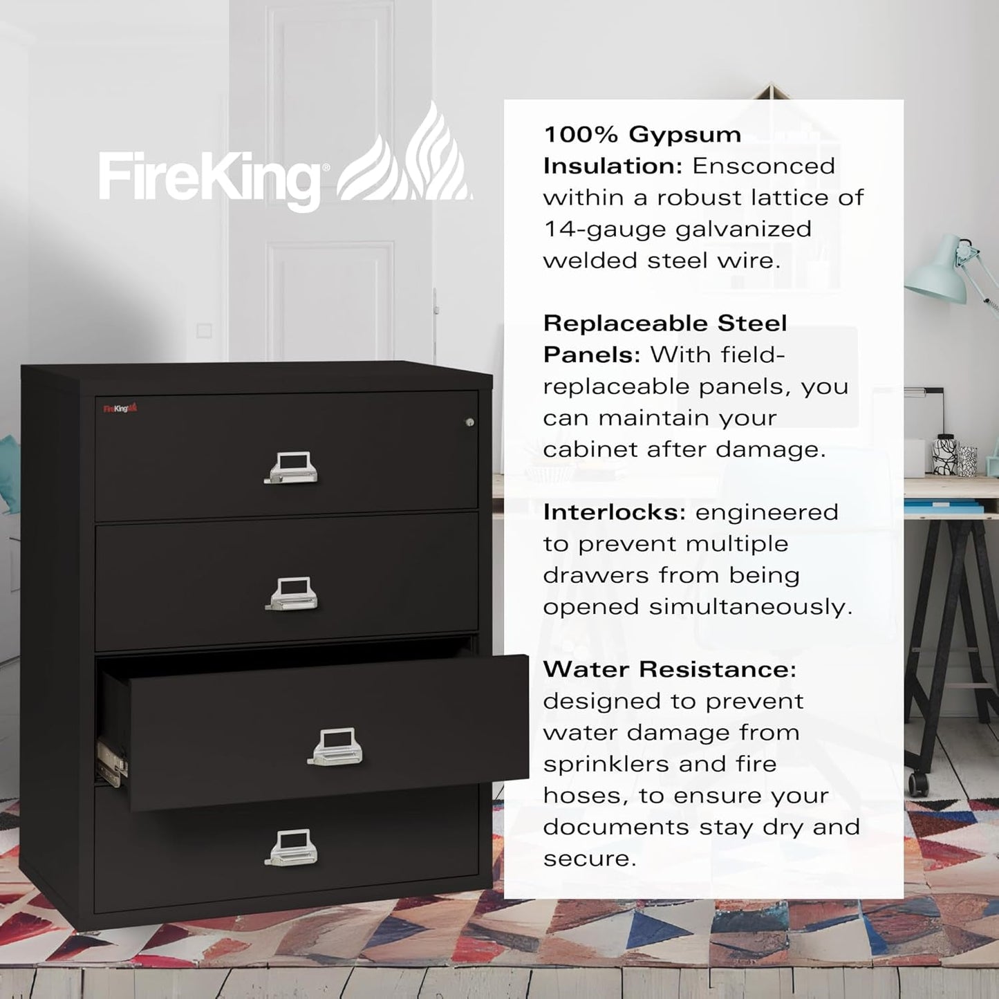 Lateral 4 Drawer Legal and Letter Fire Safe File Cabinet with Key Lock, 1 Hour Fire Rated, UL Rated & Water Resistant Home Safe, Filing Cabinet, Made in the USA, Black-4