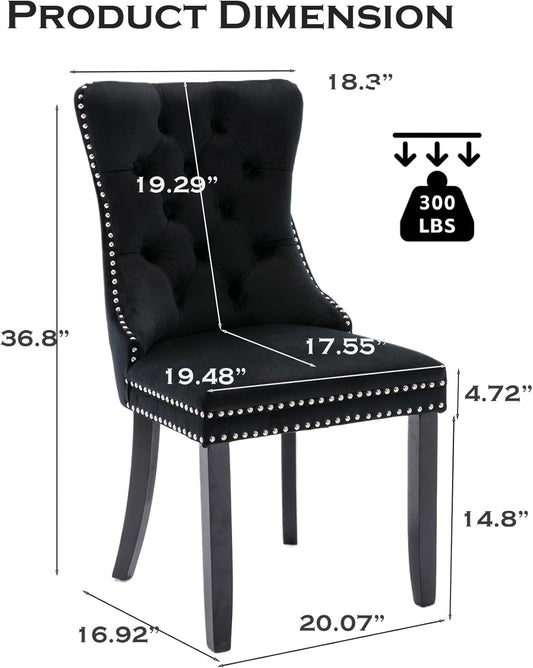Velvet Dining Chair Set of 2 Upholstered Tufted Dining Room Chair with Nailhead Trim and Solid Wood Legs for Kitchen, Restaurant,Black-1