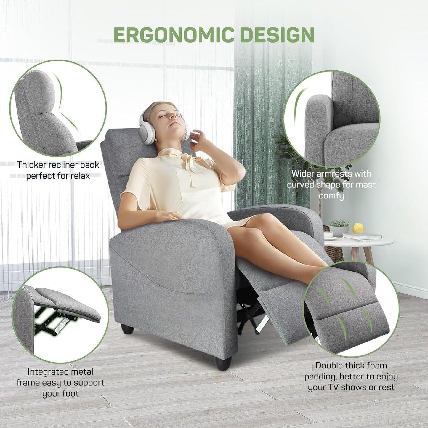 Recliner Chair with Massage and Lumbar Support, Small Fabric Home Theater Seating, Adjustable Modern Reclining Chair for Adults in Living Room-3