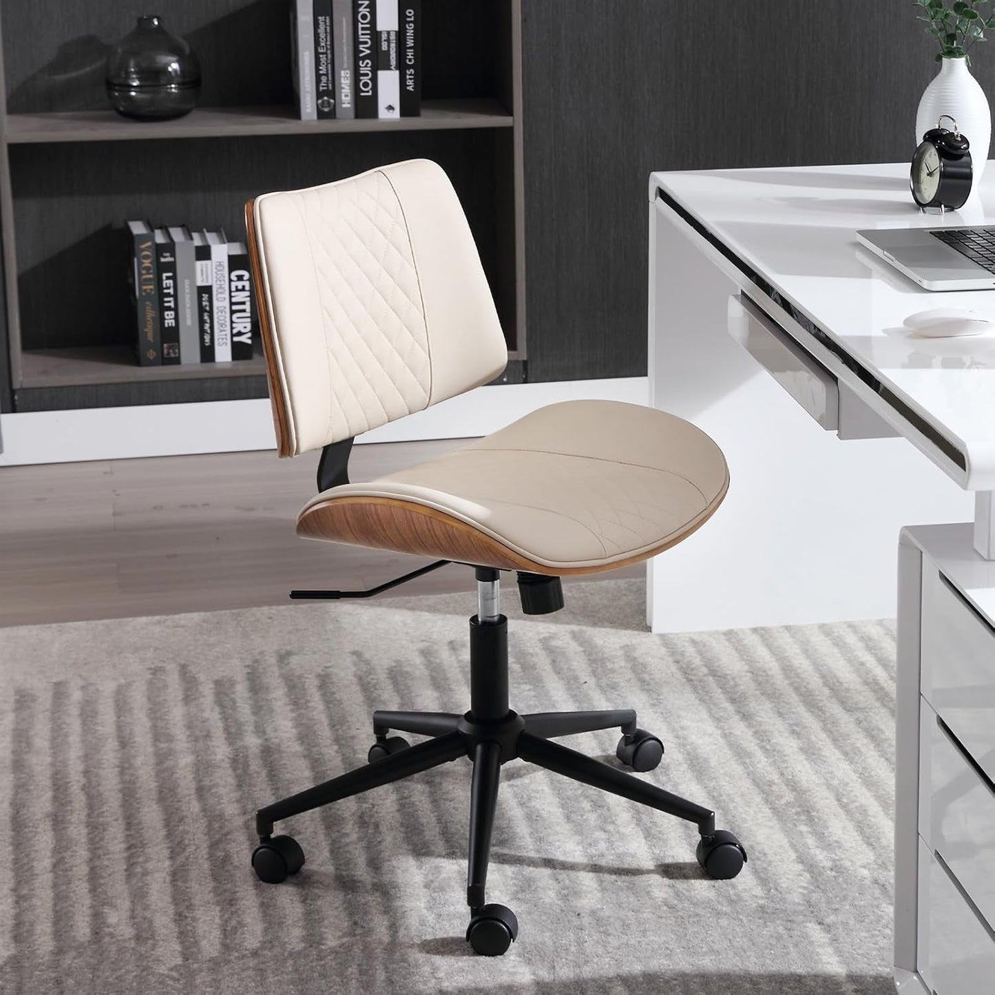 Home Office Chair No Arms with Wheels, Adjustable Height Small Desk Chair, PU Leather Mid Back 360 Swivel Computer Chair, Armless Modern Walnut Chair for Office, Reading Meeting Room(Beige)-3