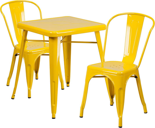 Commercial 23.75" Square Yellow Metal Indoor-Outdoor Table Set-2 Stack Chairs-1