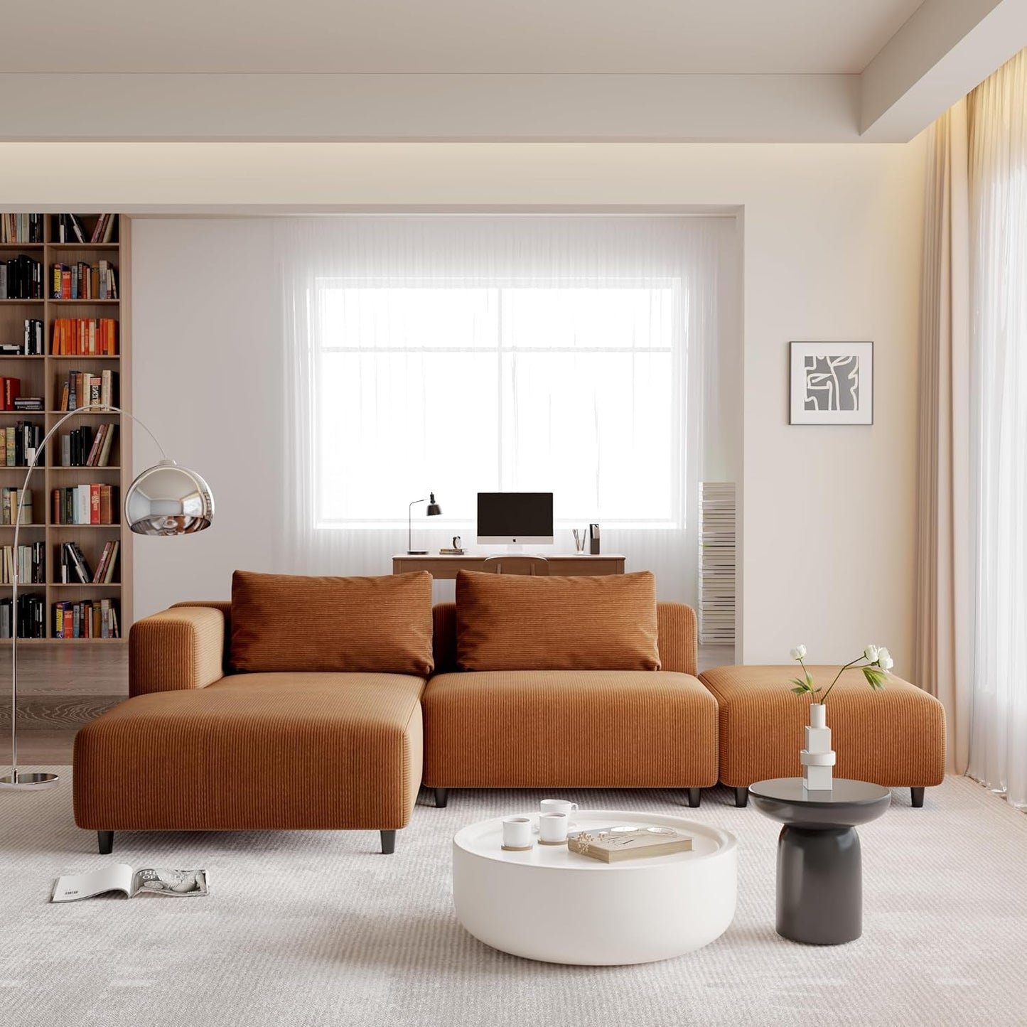 Soft Corduroy Sectional Modular Sofa Set, Modern L-Shaped Chaise Couch for Living Room, Apartment, Office, Small Spaces, Orange Brown-0