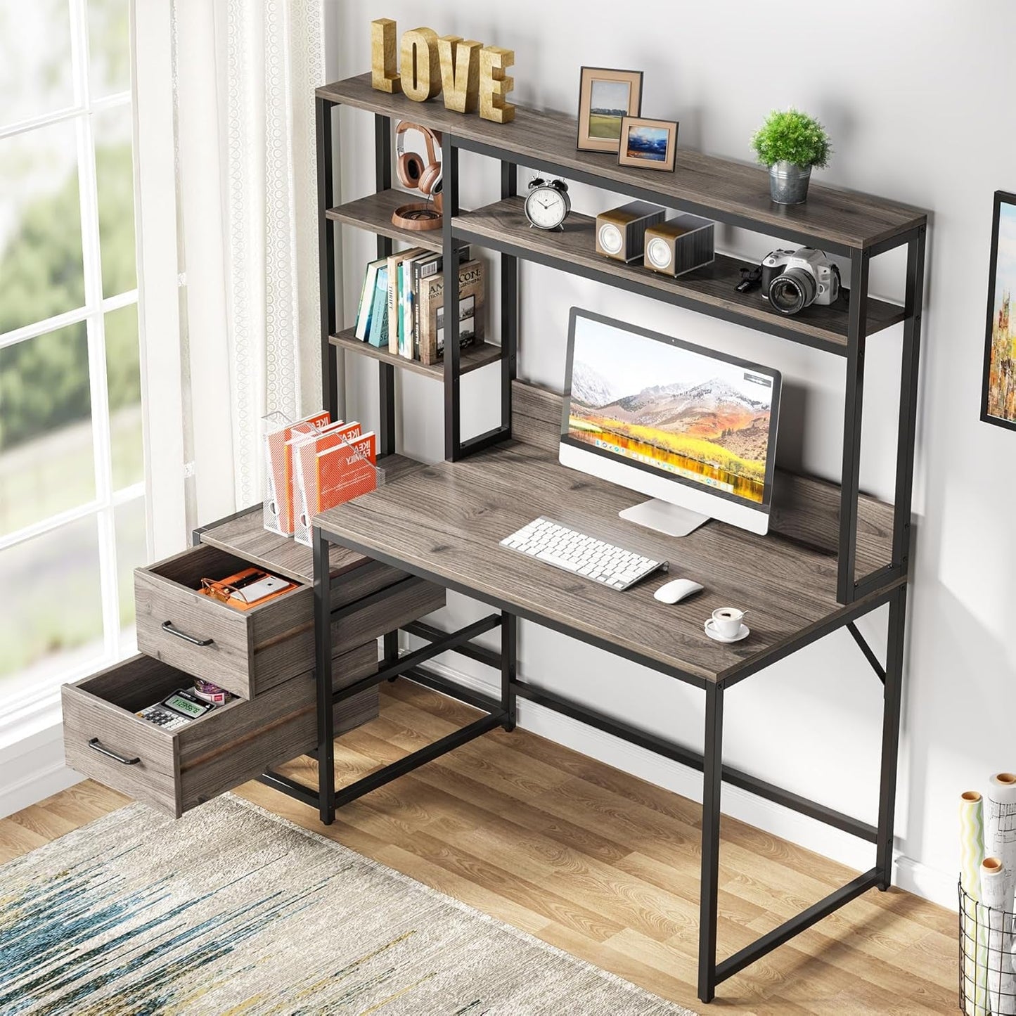 55 Inch Computer Desk with 2 Drawers and Storage Shelves, Rustic Office Desk with Hutch, Study Writing Gaming Table Laptop Workstation for Home Office (Grey)-2