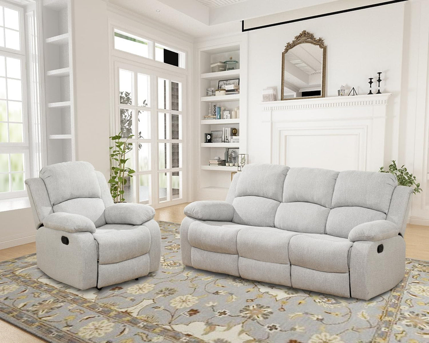 Recliner Sofa Set Living Room Furniture, Reclining Sofa Set Microfiber Fabric, Recliner Couch Set for Office Home (Sofa and Chair Set, Grey White)-0