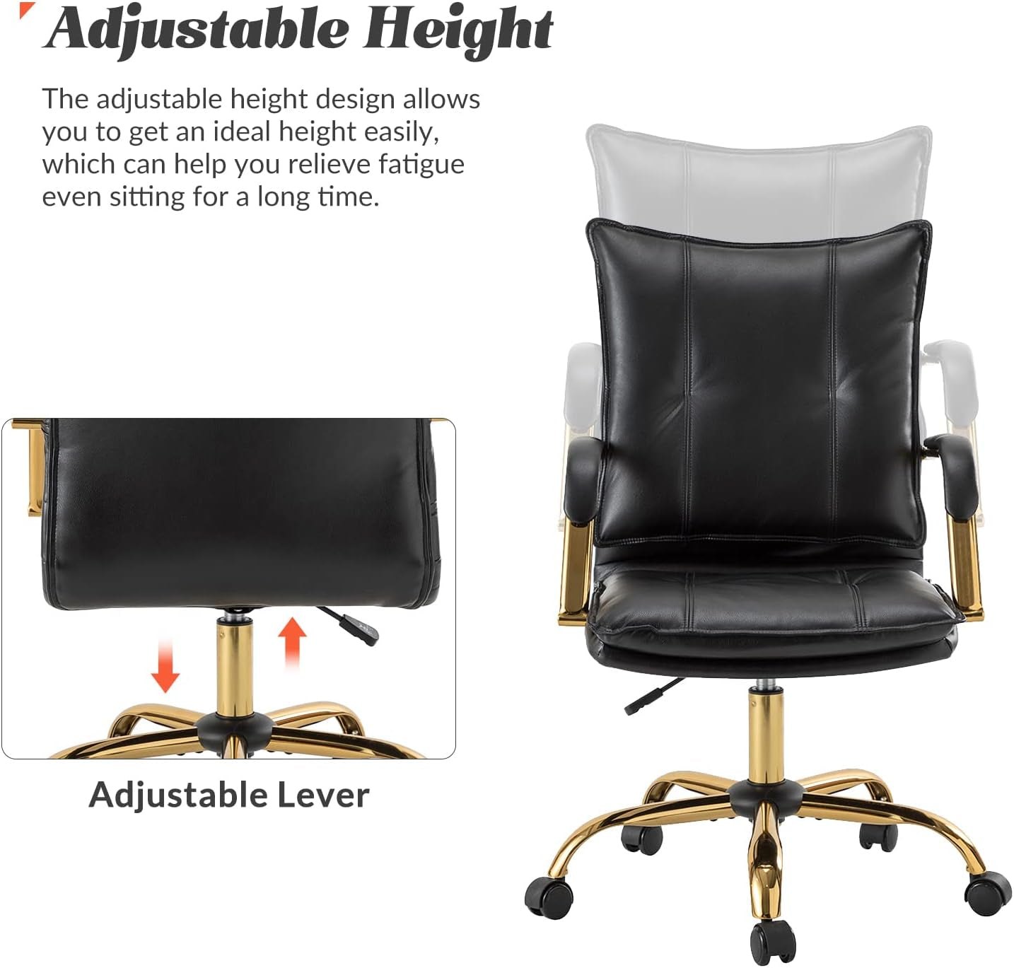 Faux Leather Home Office Desk Chair, Adjustable Swivel Computer Chair with Golden Legs and Arms, Comfy Upholstered Task Chair, Black-4