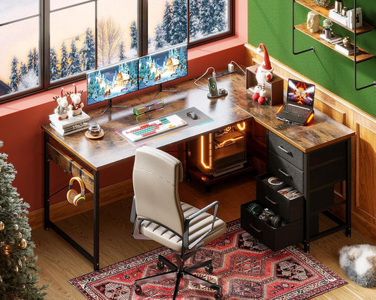 L Shaped Desk with 4 Tier Drawers, 53" Reversible Gaming Desk with Power Outlets, L Shaped Computer Desk with USB Charging Port and Host Stand, Home Office Corner Desk, Easy to Assemble, Vintage-1