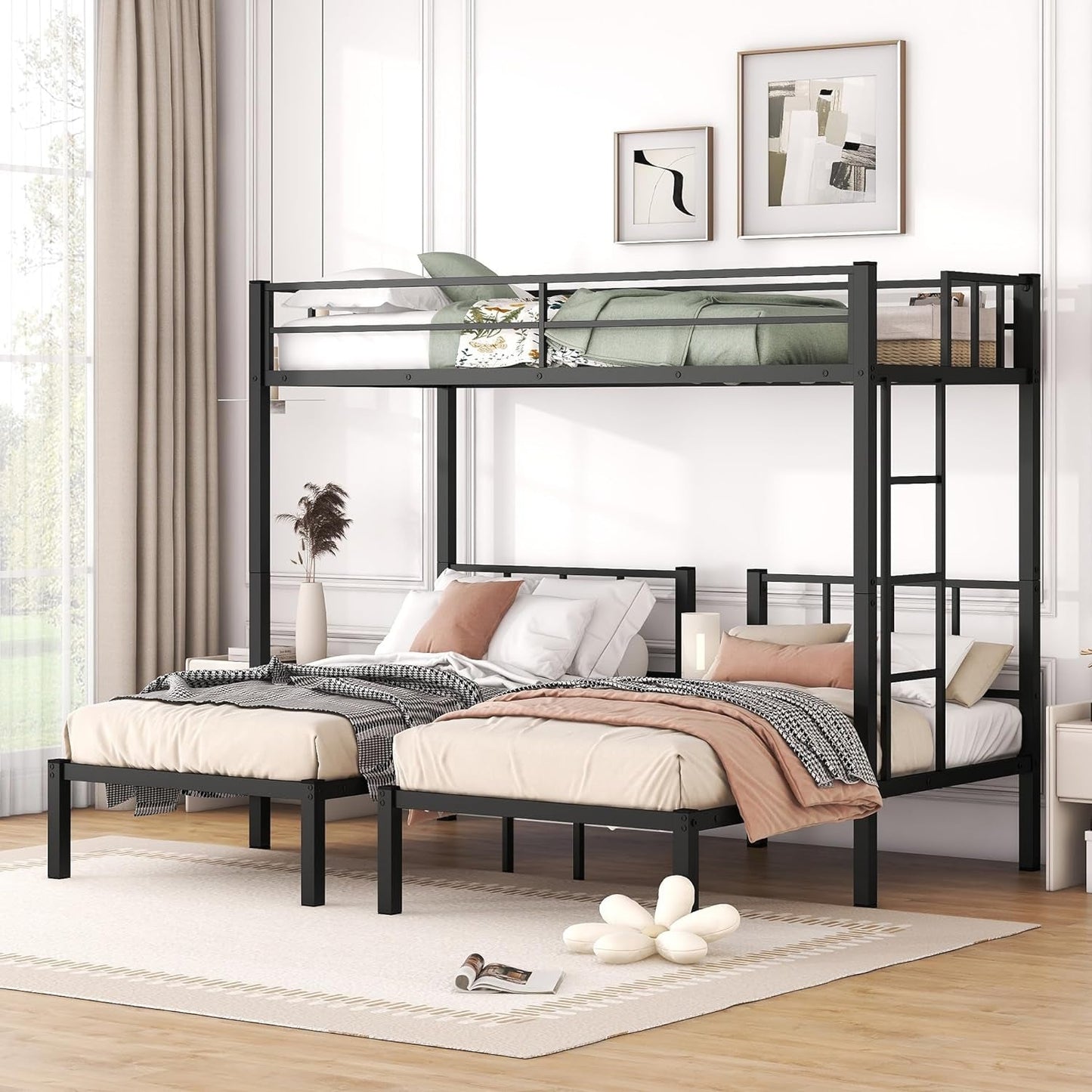 Twin over Twin over Twin Triple Bunk Bed for Kids,3 Bed Bunk Beds for 3,Metal Triple Bunk Beds with Built-In Desk,Separates into 3 Twin Beds,Noise Reduced Structure,Black-0