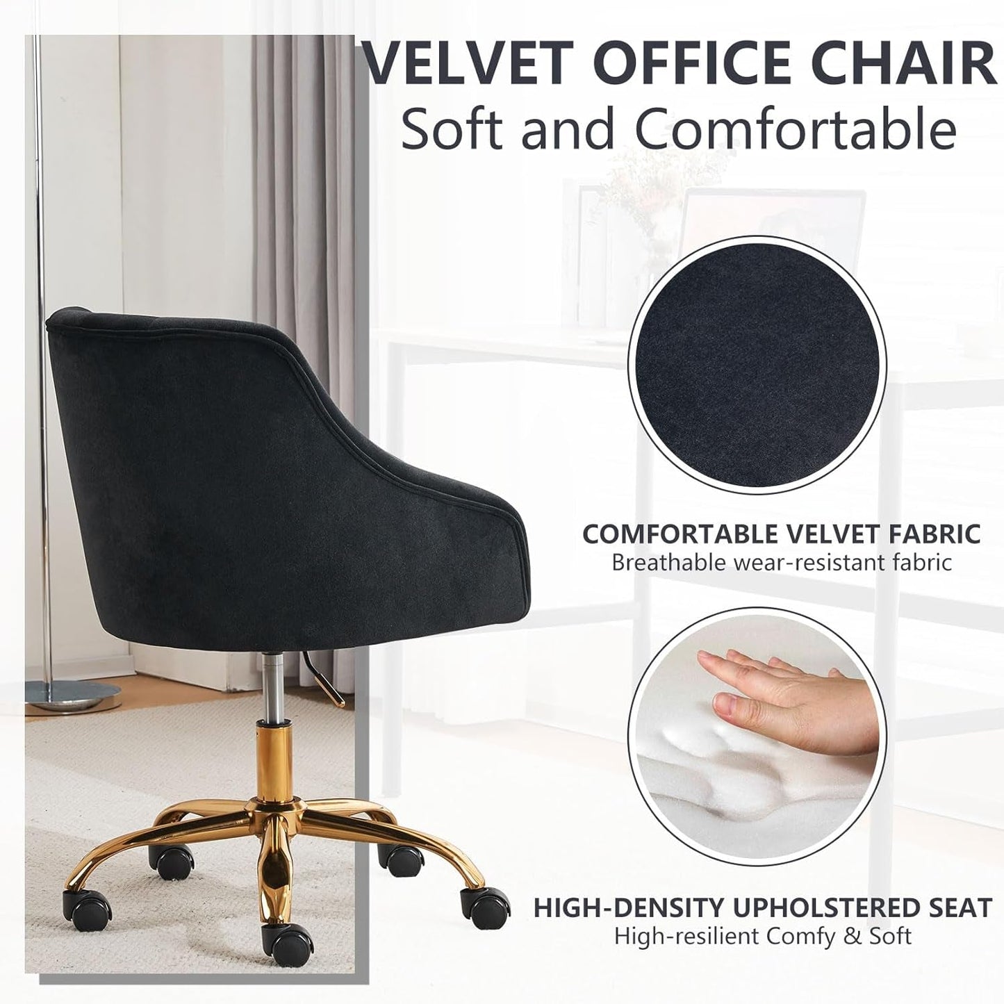Velvet Office Swivel Chair, Vanity Chair, Fabric Desk Chair, Pretty Fancy Chair, Gold Office Chair for Girls, 360°Swivel Height Adjustable Reception Chair (Black)-2