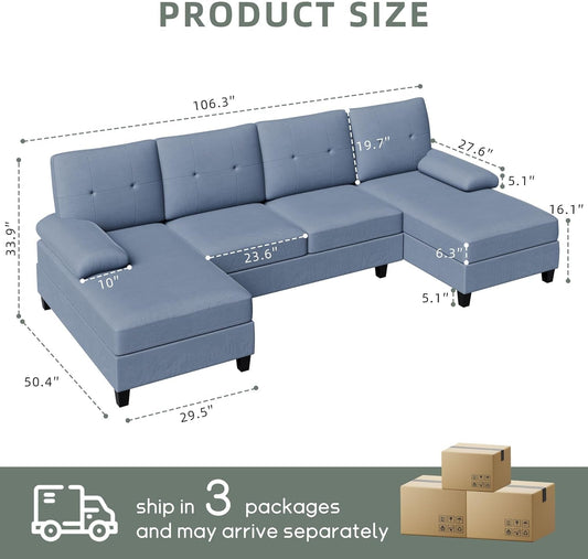 U-Shaped Sectional Sofa with Double Chaise, 4-Seat Linen Fabric Living Room Furniture Set, High-Density Cushions for Ultimate Comfort & Modern Style, Blue-1