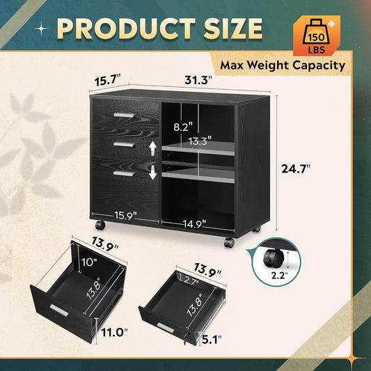 3 Drawer Mobile File Cabinet, Wood Lateral Filing Cabinet, Printer Stand with Open Shelves for Home Office, Black-1