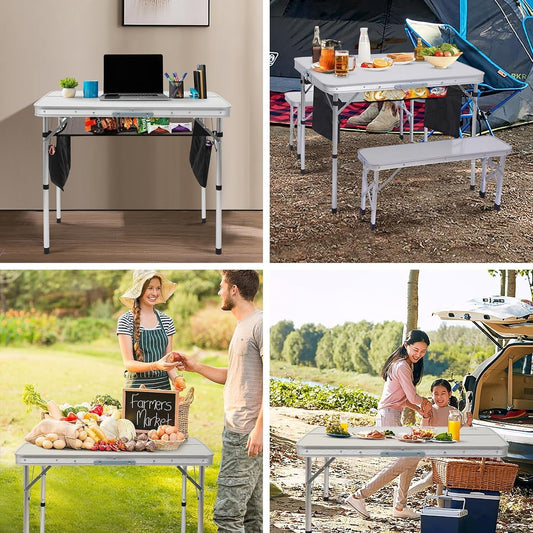 Portable Camping Table with 2 Benches and Umbrella-1