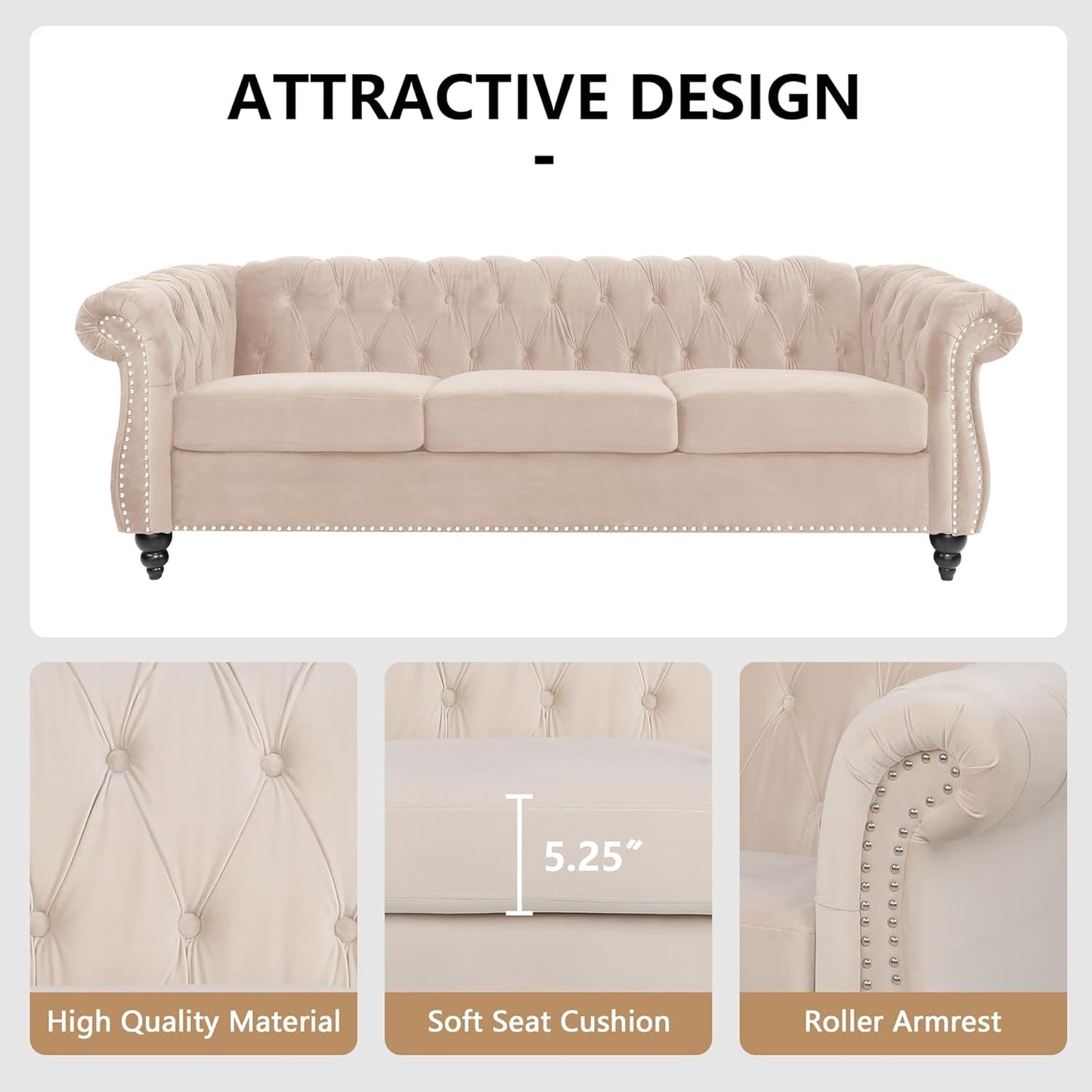 3 Piece Living Room Set, Sectional Chesterfield Sofa Chair Contemporary Upholstered Velvet Loveseat Couch Sets for Living Room, Bedroom, Office (Beige)-4