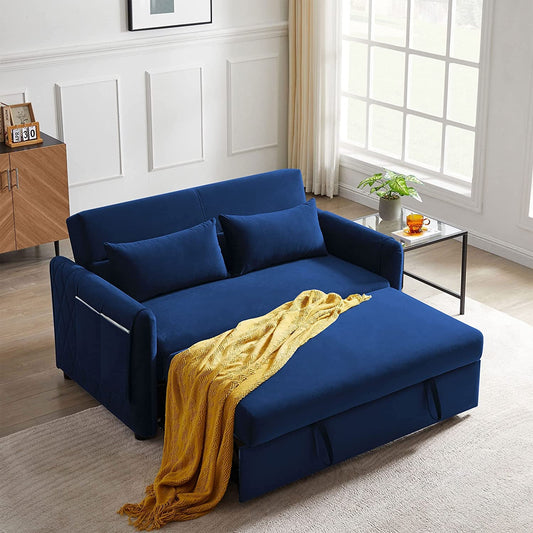 Blue Velvet Convertible Sofa Bed with Adjustable Backrest-1