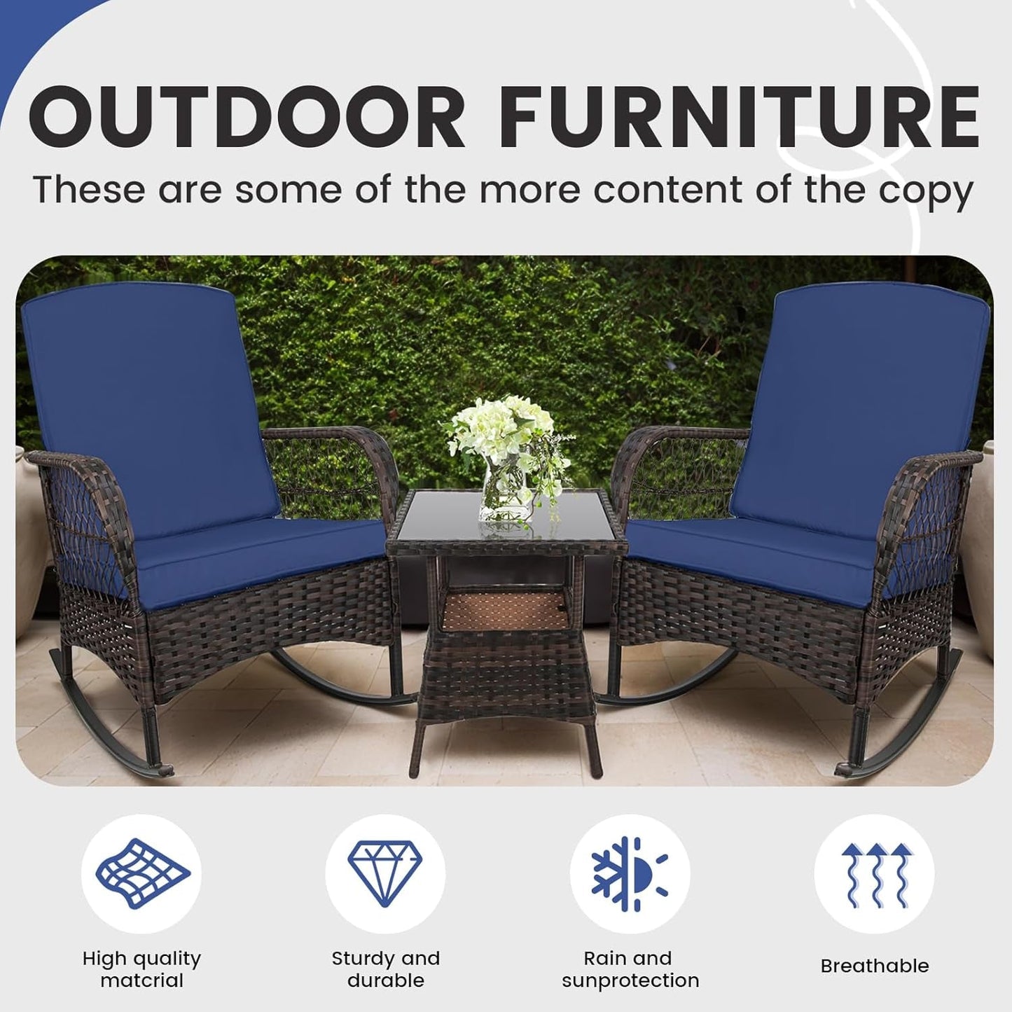 3 Pcs Rocking Bistro Set Conversation Chairs with Arm Rest, Cushion Availability PE Wicker Outdoor Rocking Chairs for Relaxing(Dark Blue)-4