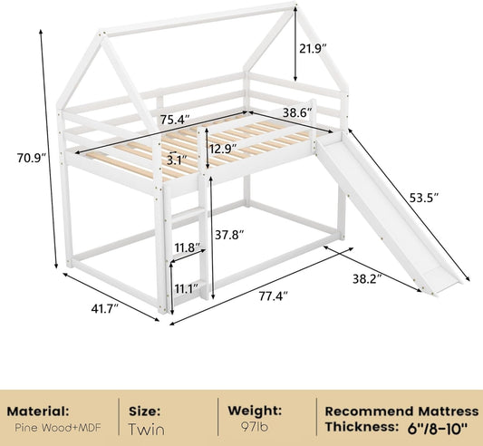 Twin Bunk Beds for Kids,Wood House Bunk Bed Twin over Twin,Kids Bunk Bed with Slide and Roof for Girls Boys,White-1