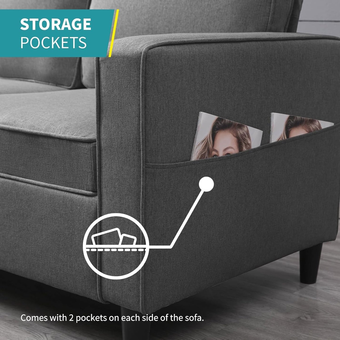78" W 3 Piece Living Room Sofa Set, 3 Seater Sofa with Storage Ottoman and Loveseat Furniture Sets, Modern Linen L Shaped Sectional Couches for Living Room Apartment(Dark Grey)-4