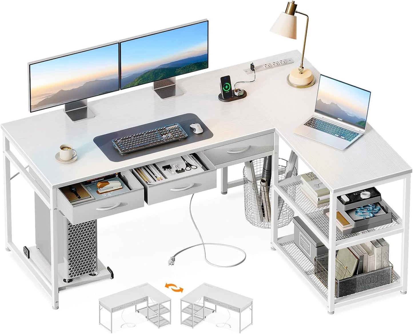 53 Inch L Shaped Computer Desk with Drawers, Corner Desk with Power Outlets & Reversible Storage Shelves, Movable CPU Stand for Home Office Gaming, White-0
