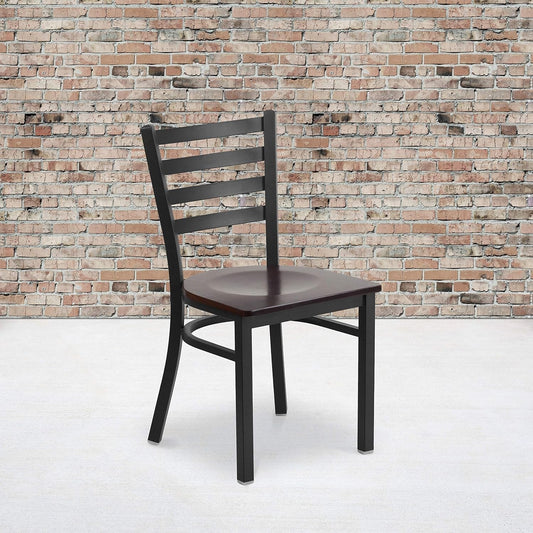 2 Pack HERCULES Series Black Ladder Back Metal Restaurant Chair - Walnut Wood Seat-1