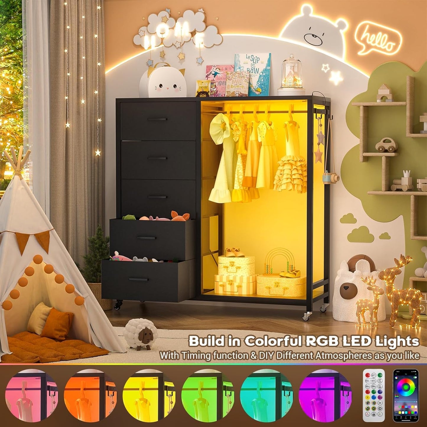 Dresser for Bedroom with Clothes Rack, 5 Drawers Dresser with Charging Station & LED Lights, Black Storage Chest of Drawers with Wheels, Wooden Top, Lockable Wheels, Bedroom, Closet, Black-4