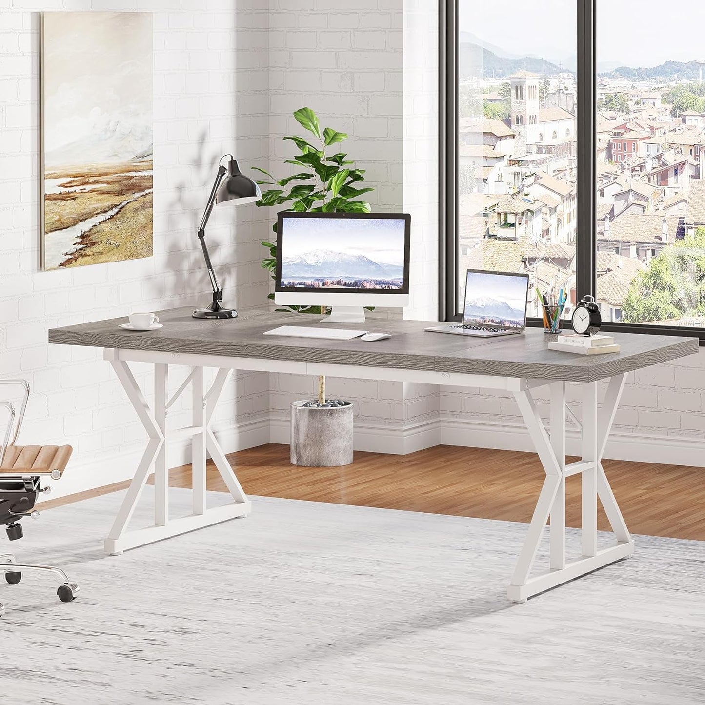 70.8-Inch Executive Desk, Large Computer Office Desk Workstation, Modern Simple Style Laptop Desk Study Writing Table Business Furniture for Home Office (Grey/White, 70.8 Inch)-3