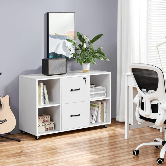 White File Cabinet Mobile Letter Size File Cabinet with 2 Drawers and 4 Open Storage Shelves Large Mobile Lateral Filing Cabinet Printer Stand for Home and Office-1