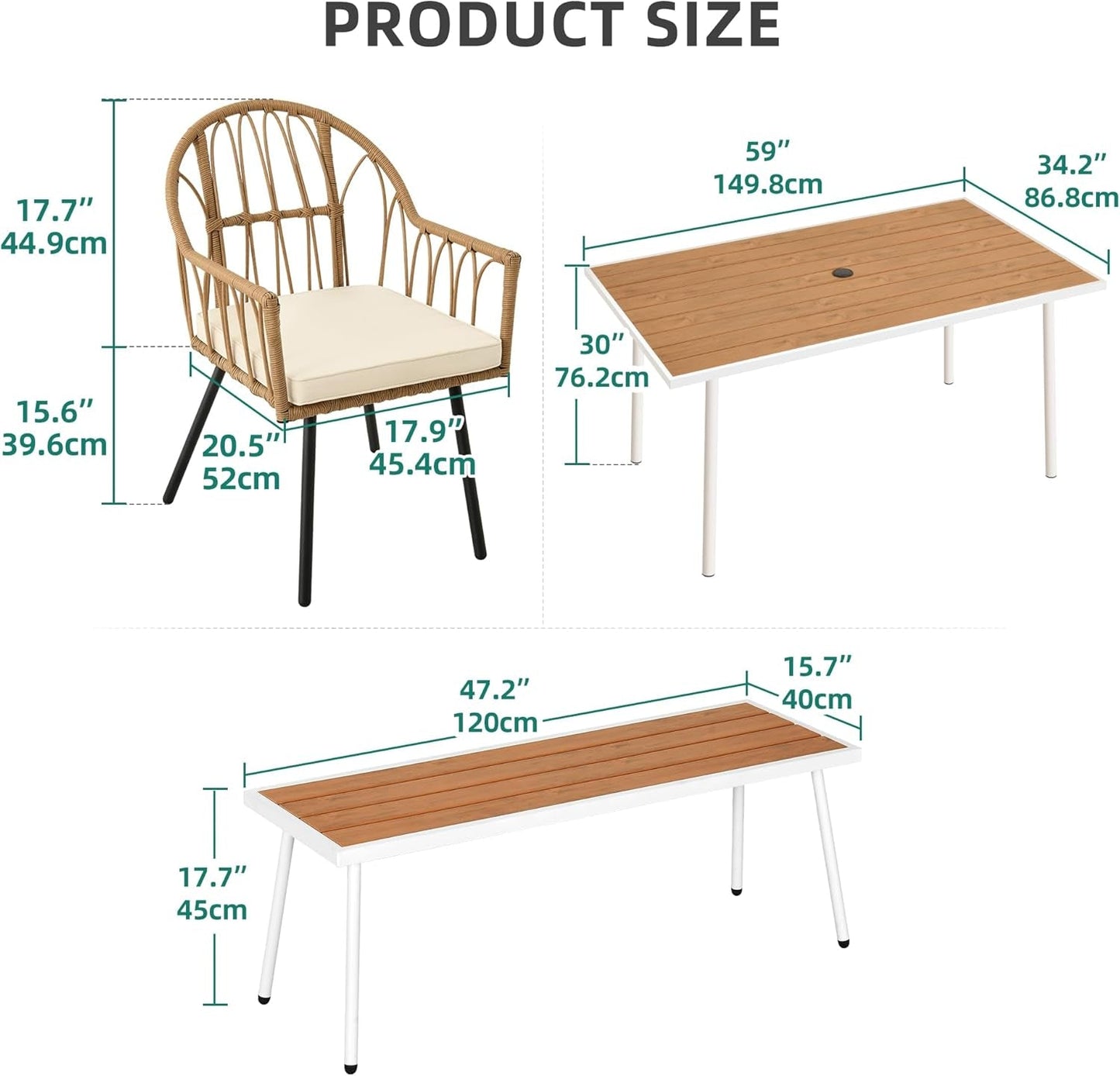 8 Pieces Outdoor Patio Dining Set with Wicker Patio Dining Chair, Backless Bench & Table with Umbrella Hole, Garden Dining for Patios, Backyard, Balcony, Lawn-4