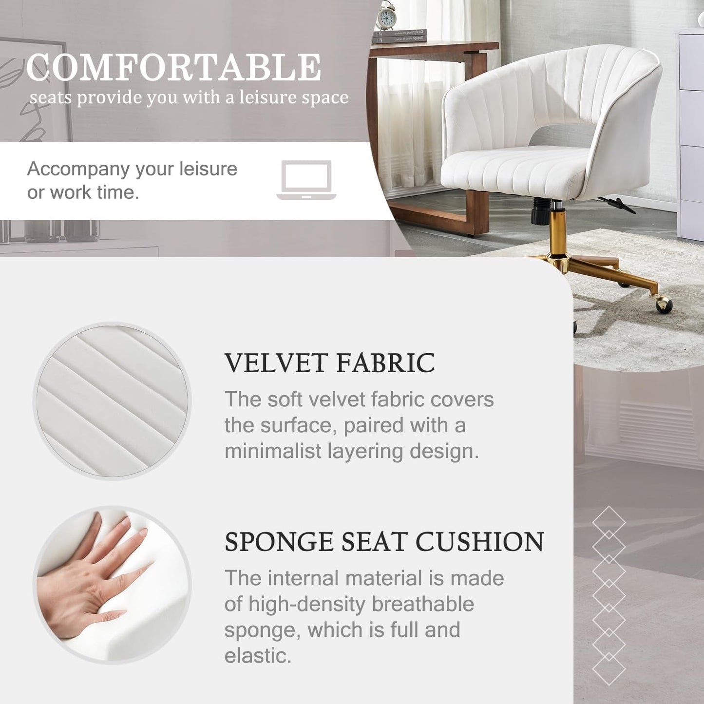 Home Office Chair Swivel Velvet Desk Chair, Vanity Chair with 360 Swivel Armchair and Gold Base,For Living Room, Bedroom, Vanity, Study (Beige)-3