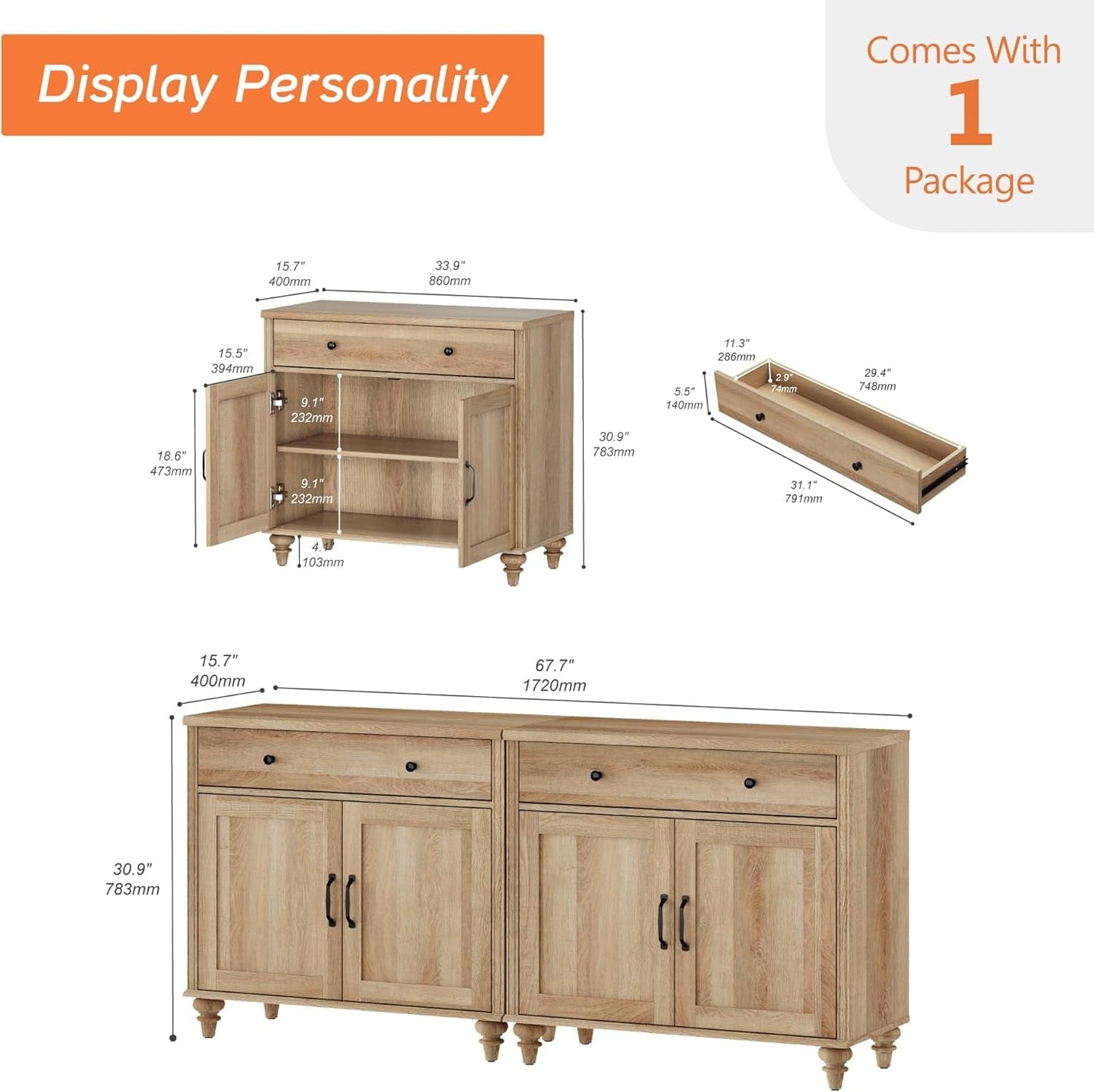 WAMAPT Buffet Cabinet with 4 Doors and 2 Drawers, Large Coffee Bar Tables Wood Kitchen Storage Cabinets with Storage Cabinets, Modern Farmhouse Sideboard Credenza for Dining Room, Oak, 68 Inch-1