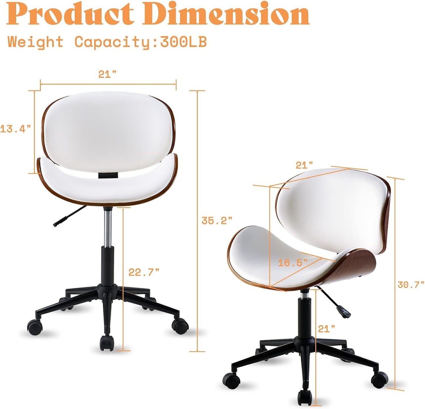 Home Office Chair Set of 2, PU Leather Desk Chair, Modern Swivel Chair with Curved Back, Armless Desk Chair with Wheels for Home Office, White-2