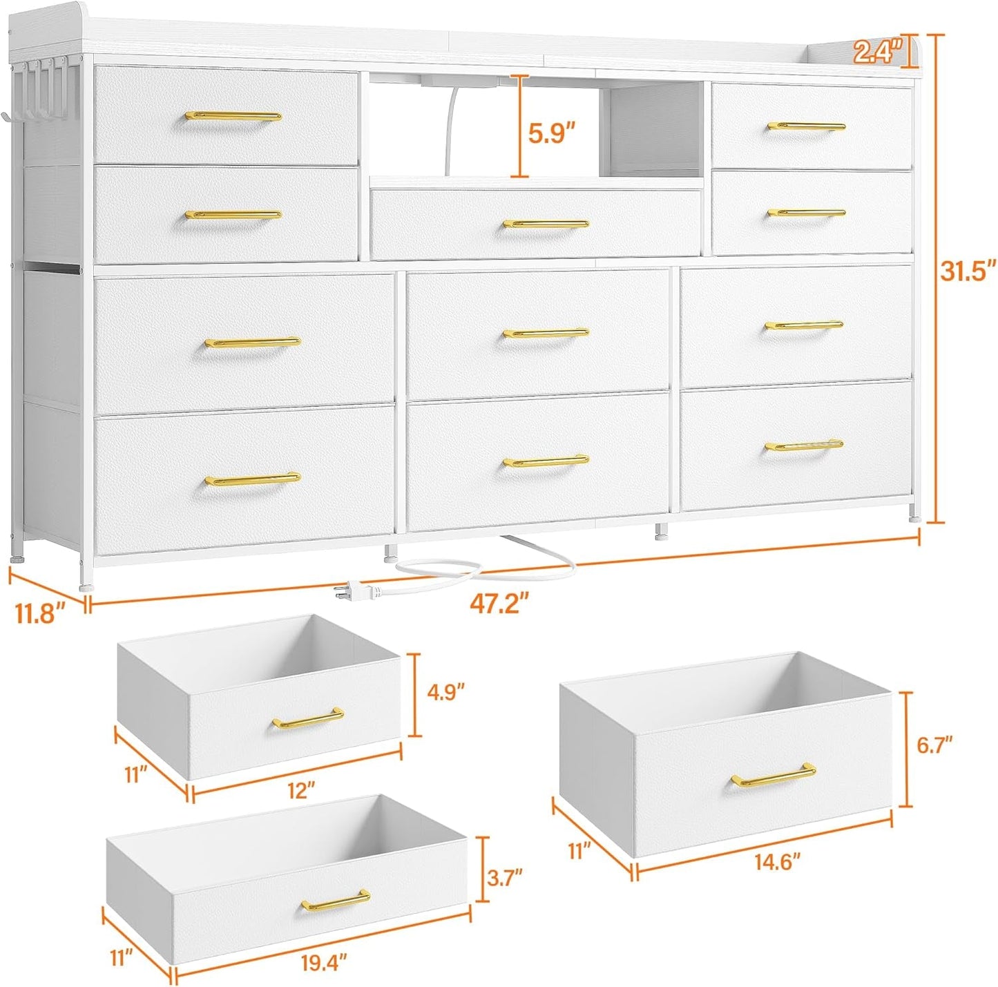 Dresser TV Stand with 11 Drawers for 60" TV Stand for Bedroom with LED Lights & Power Outlets Long Dresser for Bedroom with Shelves & 4 Hooks Sturdy Metal Frame & Wood Top, White-2