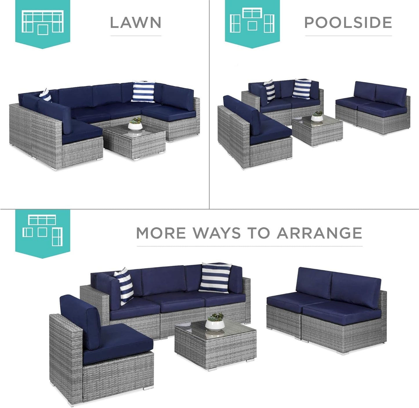 7-Piece Modular Outdoor Sectional Wicker Patio Conversation Set W/ 2 Pillows, Coffee Table, Cover Included - Gray/Navy-2