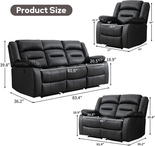 Faux Leather Power Recliner Sofa Set, Electric Recliner Chair, Loveseat Reclining Sofa and 3 Seat Recliner Sofa, Couch Set for Living Room, Bedroom Furniture, Meeting Room, Black-1